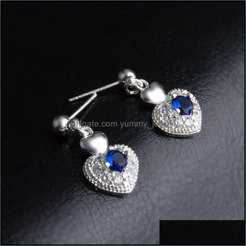 Women Heart Zircon Jewelry Sets 925 Sterling Silver Plated Fashion Blue Crystal Diamond Stud Earrings Necklace with Link Chain Wedding