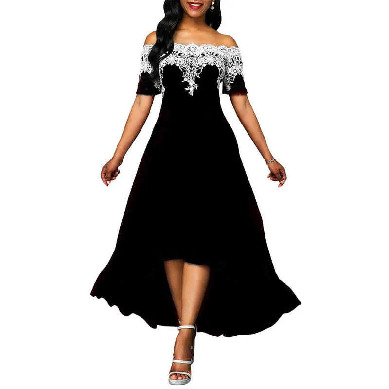 Plus Size Party Lace Patchwork con spalle scoperte Manica corta Donna Abito alto basso Abito irregolare con cuciture in pizzo monospalla L220705