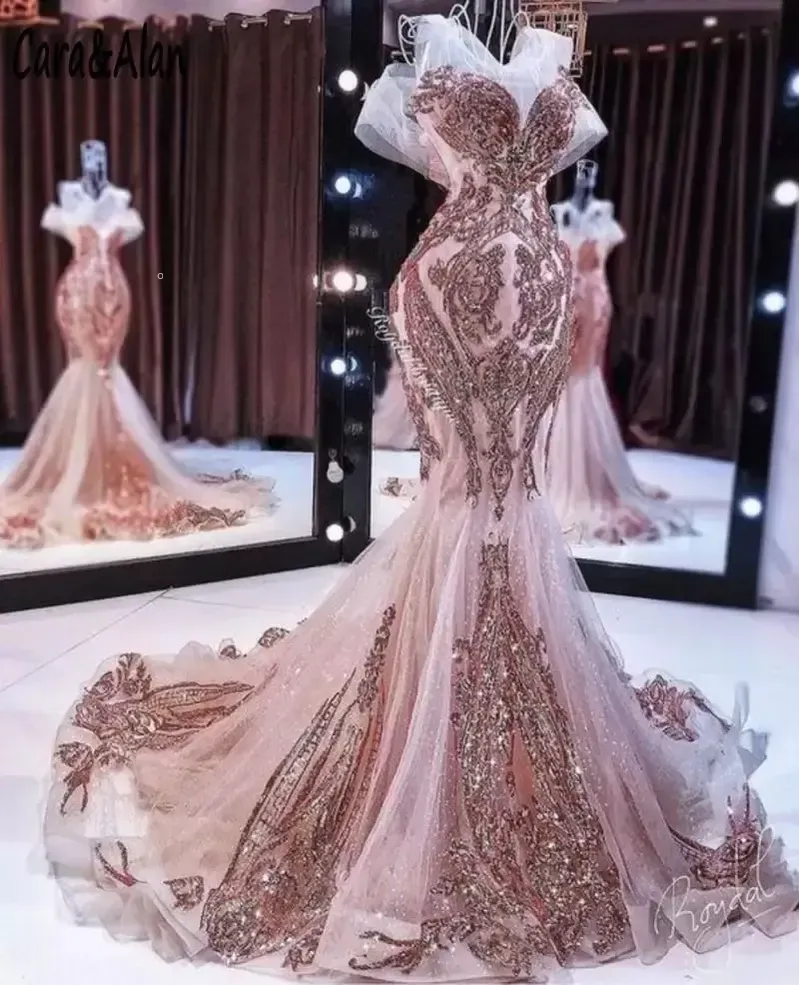 One pcs 2022 Novo vestido de noite sereia ouro rosa longo aplique de lantejoulas brilhantes vestido de baile rabo de peixe frisado robe de sarau