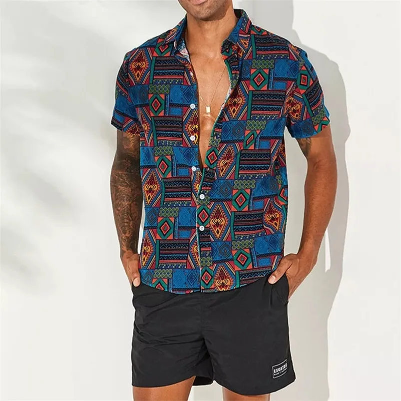 통기성면 남성 셔츠 민족 스타일 인쇄 빈티지 짧은 슬리브 스트리트웨어 탑 느슨한 남자 해변 하와이 셔츠 2020 LJ200925
