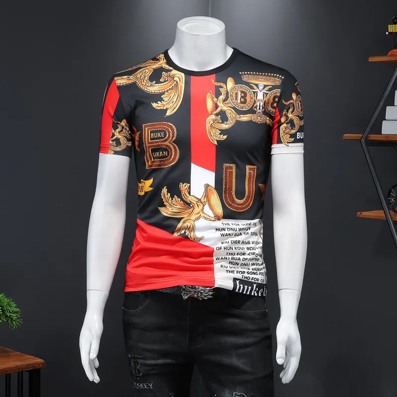 New trend short-sleeved t-shirt men's top 2022 high-end hot diamond letter printing summer casual fashion all-match bottoming shirt