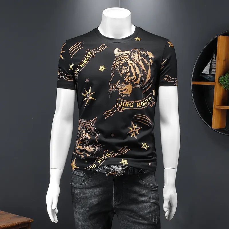 2022 spring and summer trend fashion personalized printing T-shirt breathable slim round neck cotton thin section short-sleeved top men's