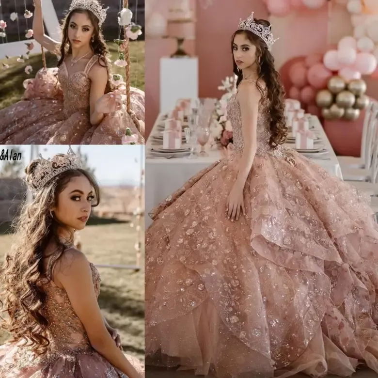 Dammiga rosa underbara quinceanera klänningar kristaller pärlor boll klänningar rems paljetter applique ruffles pageant formell klänning söt födelsedagsfest prom klänningar s