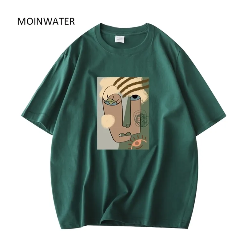 MOINWATER Donna Modello astratto T-shirt Donna Cotone Verde Estate Tees Lady Khaki Manica corta Streetwear Top MT21027 220525