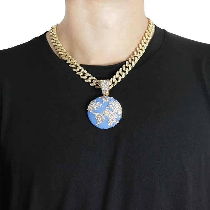 Pendentif Colliers Glacé Bleu Terre Cubique Zircon Collier Pour Hommes Mode Hip Hop Cristal Big Miami Chaîne Cubaine BijouxPendant