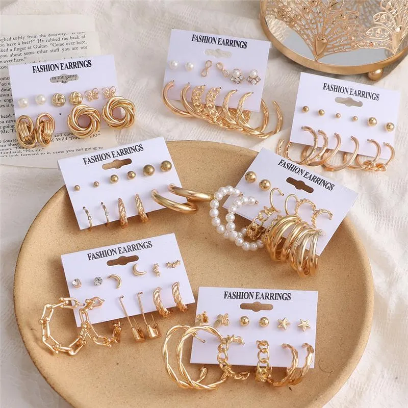 Stud Fashion Gold Circle Hoop Geometric Earrings Set For Women White Pearl Rhinestone Butterfly Brincos 2022 Trend Jewelystud