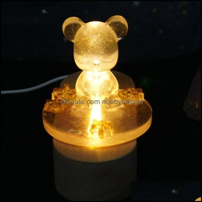 Handmade Resin Art Wood LED Light Dispaly Base Crystal Glass Resin Art Ornament Wooden Night Lighted Base Stand Crafts