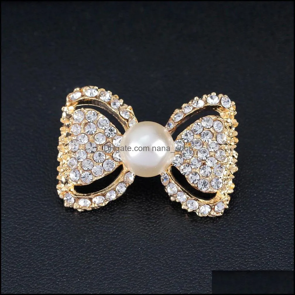 Rhinestone Bow Brooch Gold Silver Color Simulated Pearl Brooches Pins for Wedding