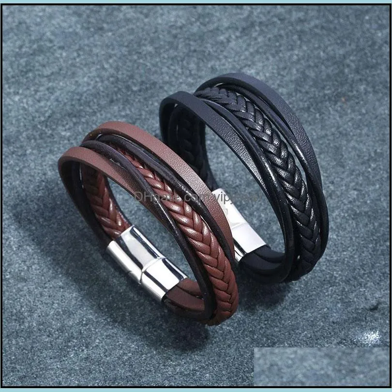 simple handmade briaded multilayer leather stainless steel charm bracelets rock bangles for men party club decor jewelry