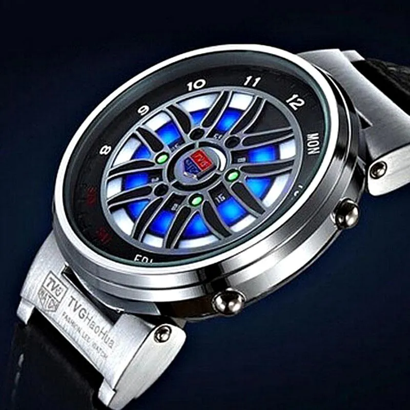 손목 시계 TVG 독특한 크리에이티브 카 룰렛 림 시계 맨 블루 블루드 바이너리 가죽 밴드 전자 스포츠