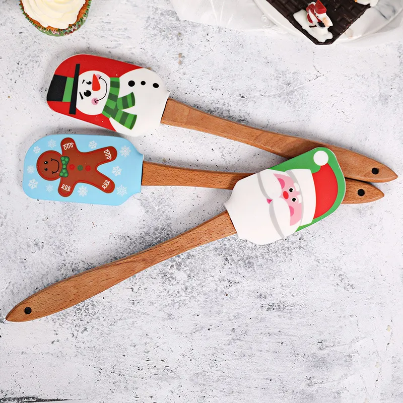 Outils de gâteau de Noël Manche en bois Cuisine Fondant Crème Spatule Silicone Beurre Grattoir Cuisine Outil de Cuisson DH942