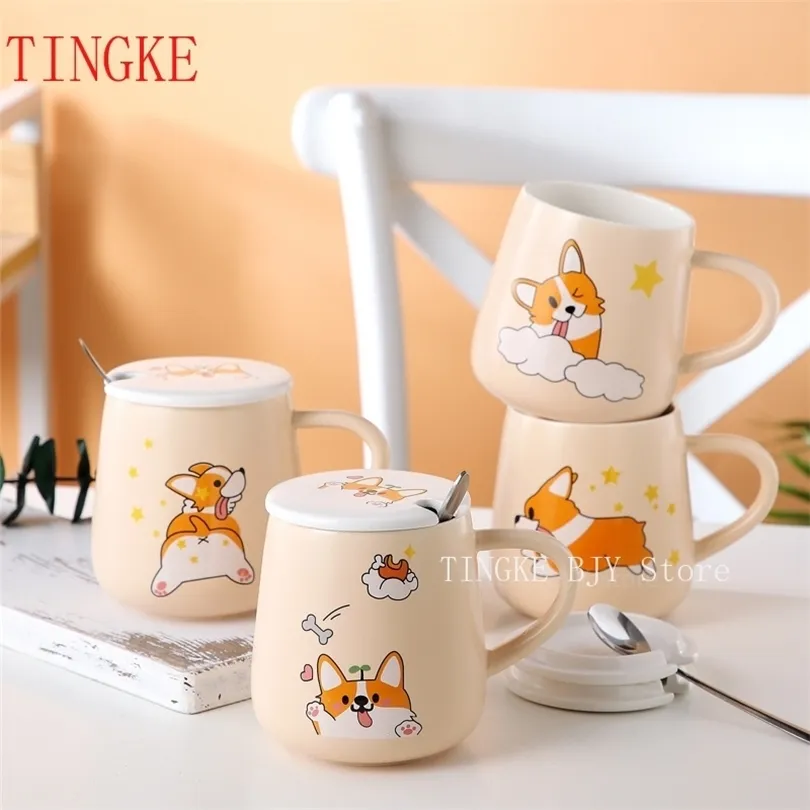 440ml Mode Personnalité Exquis Simple Creative Corgi Chien Couple Café Mignon Dessin Animé Cadeau Marque En Céramique Tasse À Eau 210409