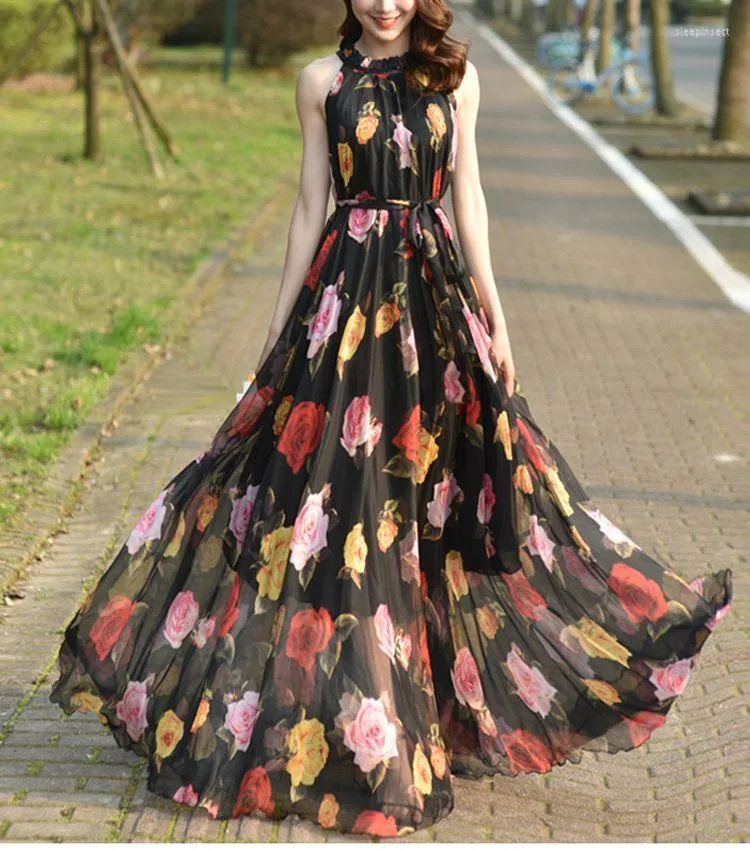 Freizeitkleider, Übergröße, Damenbekleidung, Blumen, sexy Träger-Maxikleid, Blumen-Chiffon, Feiertage, Party, Neckholder, ärmellos, böhmischer Strand