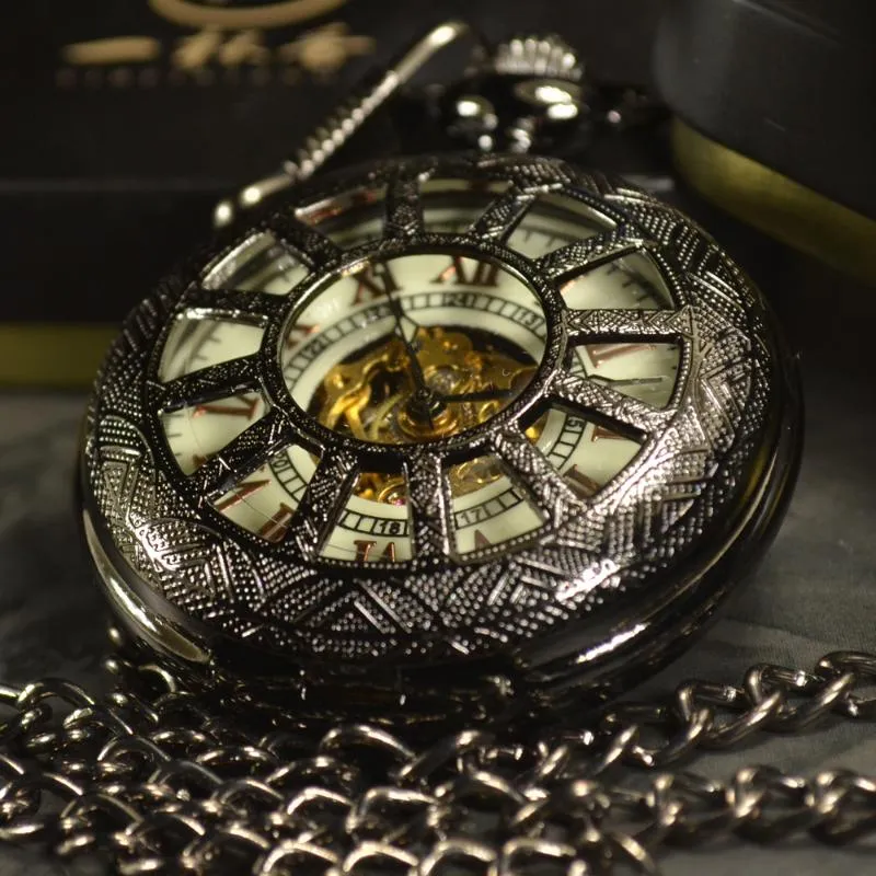 포켓 시계 검은 골격 자동 기계식 시계 남자 골동품 목걸이 fob 체인 남성 clockpocketpocket