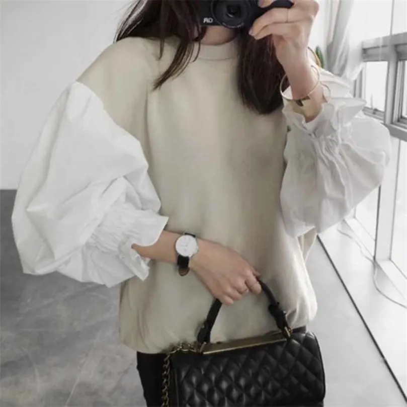 Lanmrem Autumn Fashion Round Neck Lantern Sleeve Women's Split Joint Short Sweatshirt Japan och Sydkorea Tops LS072 201203