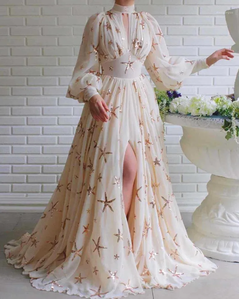 Femmes col roulé haute fente Maxi robe élégante étoile de mer paillettes tunique célébrité soirée formelle bal longues robes décontractées