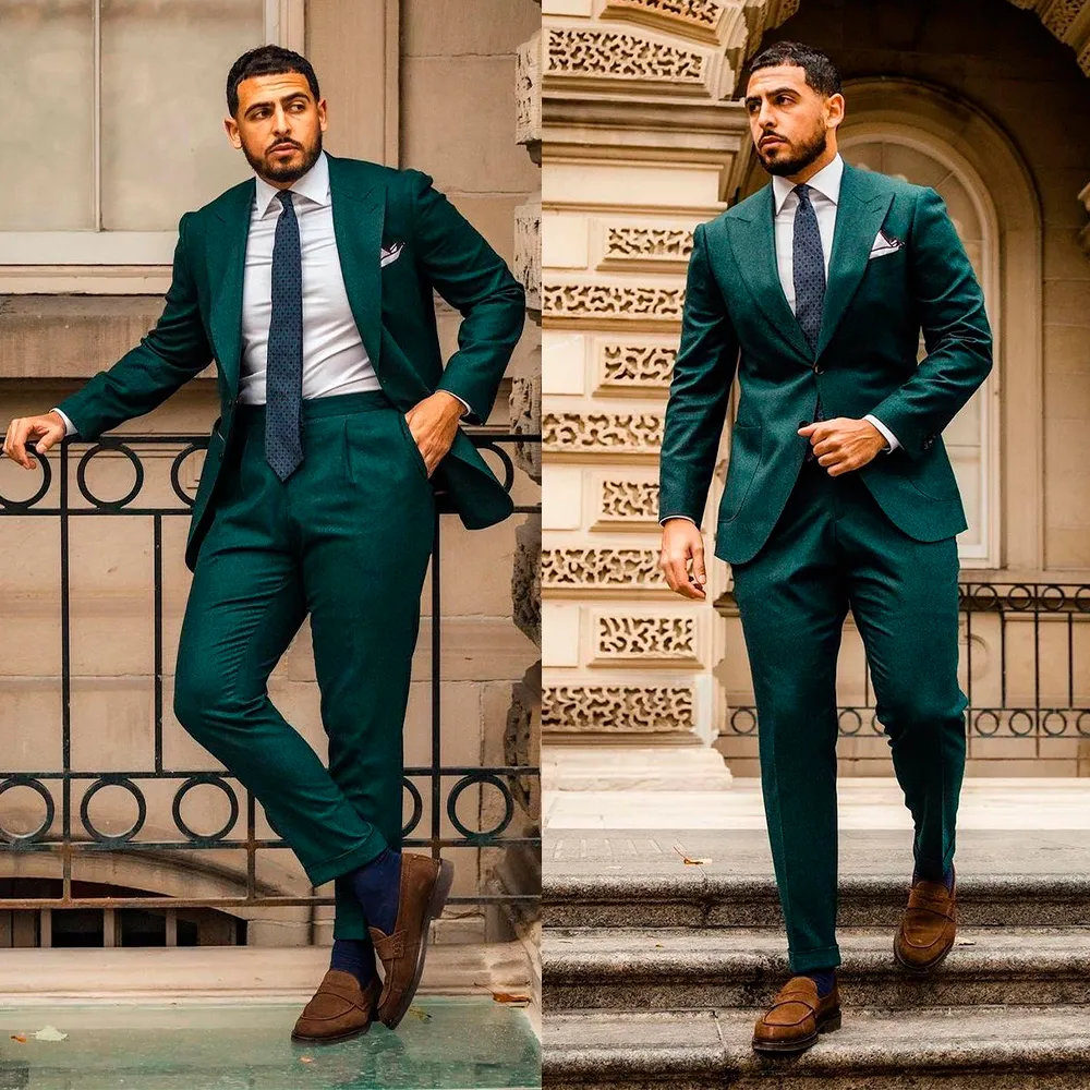 Business Suits Men Dark Green Tuxedos Two Button Groom Dinner Formal Evening Wedding Birthday Party Wear Blazer 2 Pieces