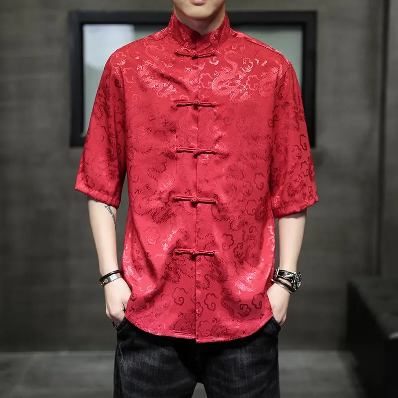 Chemises décontractées pour hommes Hommes chinois traditionnel Mens Dragon Shirt Top manches courtes élégant Tang Jacquard Gentleman ShirtMen's Men'sMen's