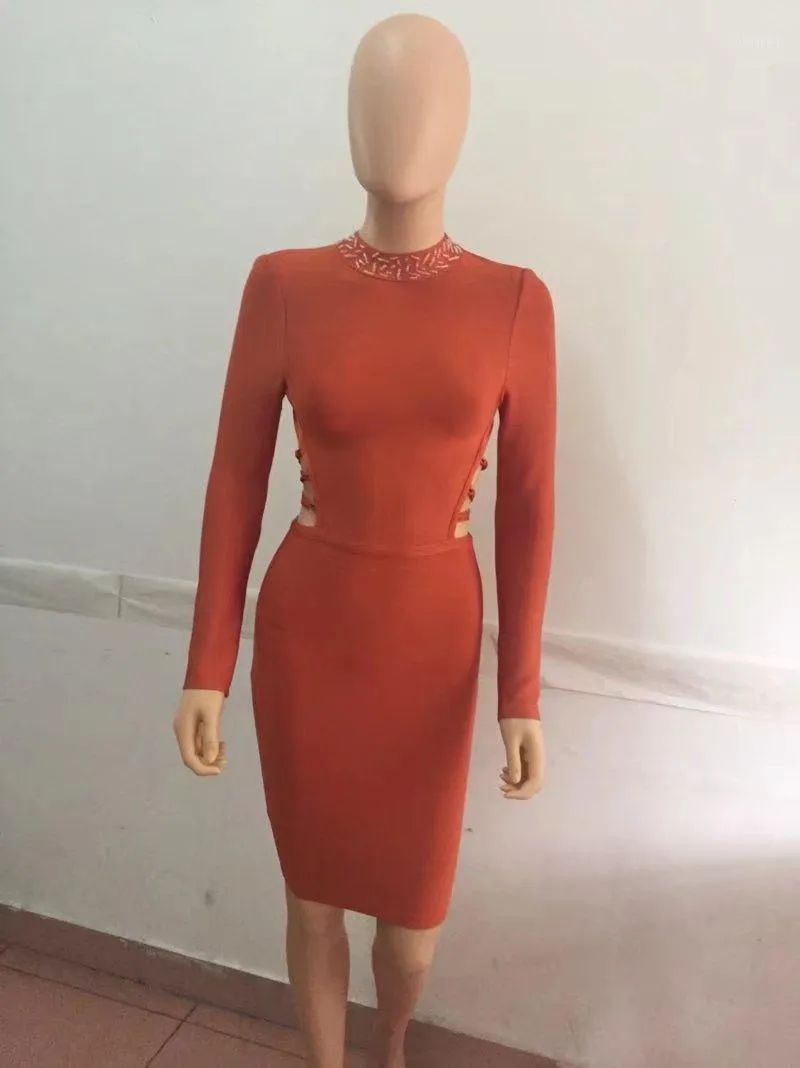 Casual Dresses Celebrity High Quality Orange Backless Weaving Rayon Sheath Bandage Dress Evening Party