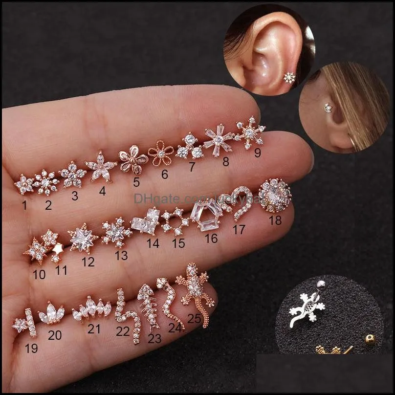 1Pc Gold Silver Color Animals Flower CZ Tragus Cartilage Stainless Steel Helix Ear Stud Piercing Crystal Zircon Daith Earring 1213 Q2