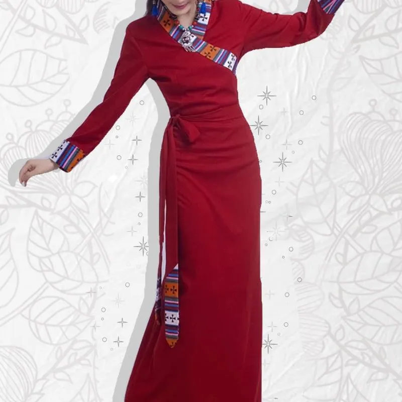 Ethnische Kleidung Burgundrie Frauen tibetanische Kleid chinesische Slim Bühnenschuhkragen Robe Kleid Langarm Performance Vestidos