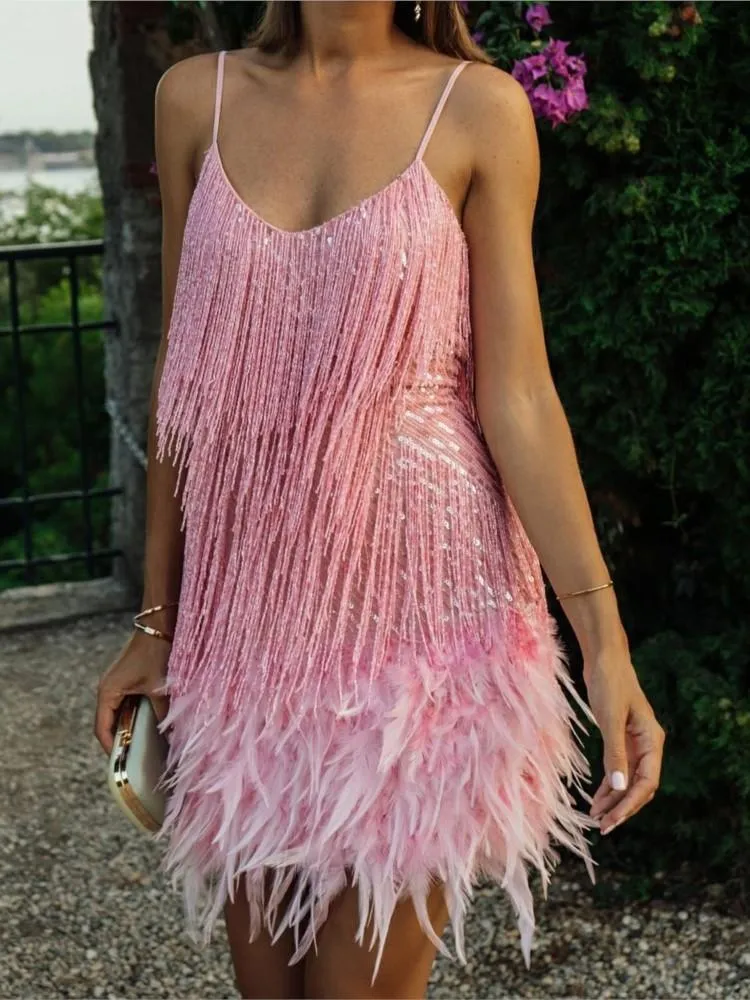 Vestidos casuales Retro Pink Feather Tassel Flapper Dress Summer Women Short sin mangas Shift Mini Cocktail Prom Dress Latin Fringe DressCasual