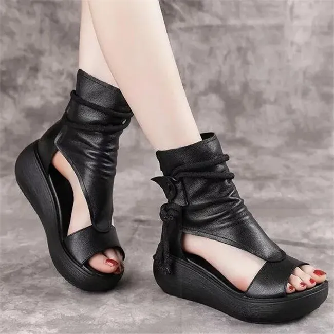 Retro PU Leather Wedge Sandals For Women Mid Wedge Heels For Women