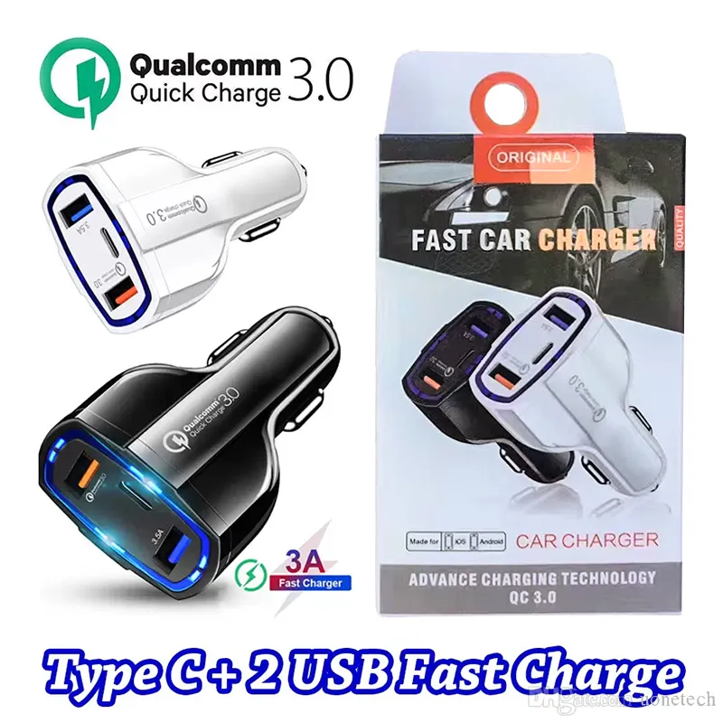 USB C 3-Ports Quick Car Charge 3.0 Fast Charger voor telefoonlaadadapter voor iPhone Xiaomi Mi 9 Redmi Retail Box