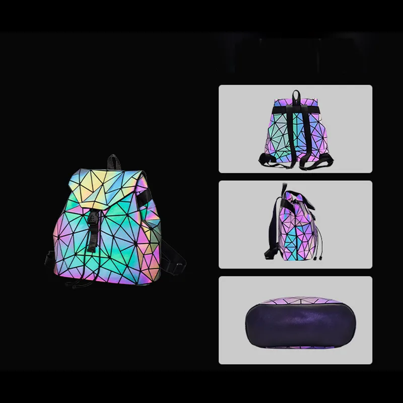 W Damen-Rucksack, Schultasche für Teenager, Mädchen, großes Fassungsvermögen, faltbarer Rucksack, geometrisch, leuchtend, holografische Refretion