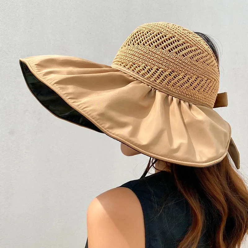 Summer Women Bucket Hat UV Protection Big Wide Brim Beach Sun Hats Empty Top Caps Ponytail Caps Bows Ladies Girls Panama Cap