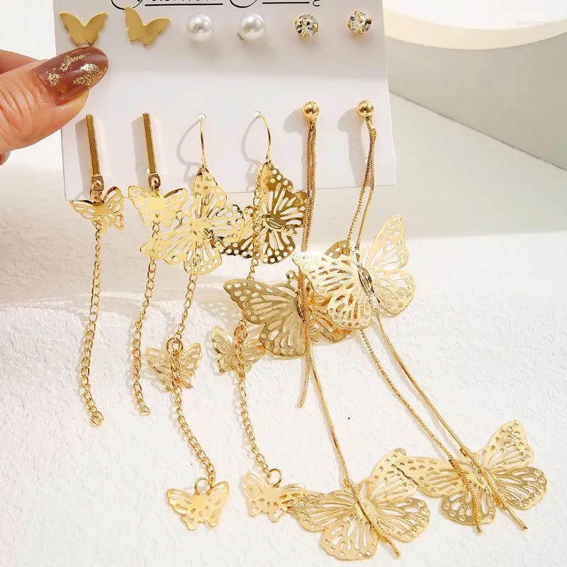 Stud 6 Pares Charme coreano Brincos de borboleta dourada para mulheres Meninas Metal Metal Longo Tassel Chain Pierced Jóias G Moni22