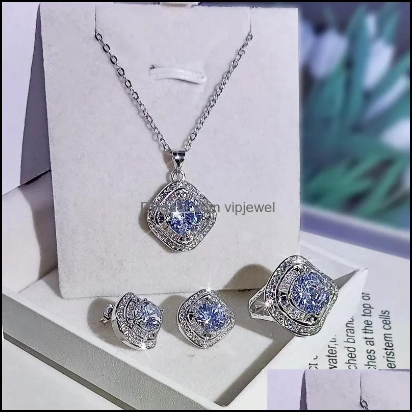 Sparkling Live Luxury Jewelry Set 925 Sterling Silver Round Cut Moissanite CZ Diamond Gemstones Ring Necklace Stud Earring Lover Gift 798
