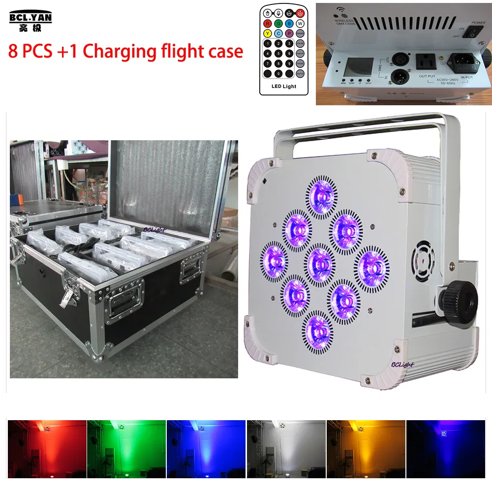 8pcs/projectors أحداث الحدث DJ Lights 9pcs 18W RGBWA UV Wireless DMX IRC LED SLIM PAR CAN BATTERS