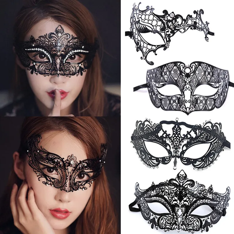 Metal Filigree Rhinestone Mask Venetian Half Face Mask Halloween Masquerade Sexiga masker Christmas Födelsedagspom leveranser Th0096