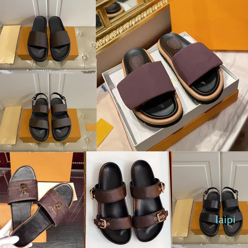 Designer-Damen Sommer Hausschuhe Slide Slipper Leder Sandale Männer Strand Flip Flops 2 Riemen mit angepassten goldenen Schnallen Größe 35-41