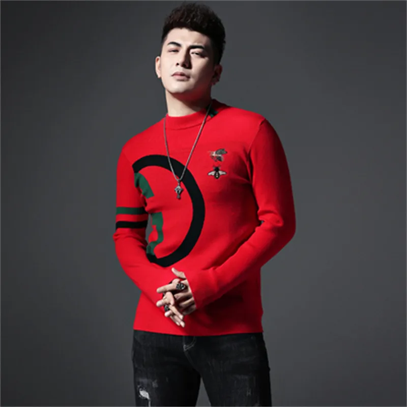 Men's Spring and Autumn New Tops Embroidered Print Turtleneck Sweater Trend Personality Slim Solid Color Versatile Pullover Knitted Bottoming Shirt