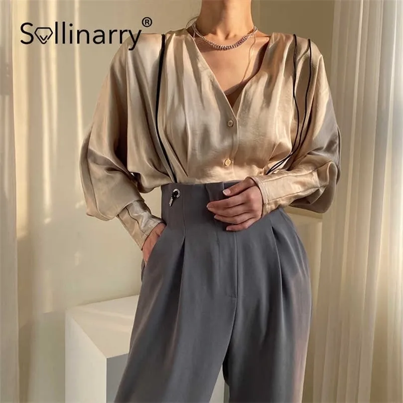 Vendita Sollinary Camicia sexy a maniche lunghe con scollo a V donna Elegante camicetta monopetto tinta unita Autunno alta vendita di strada top 210709