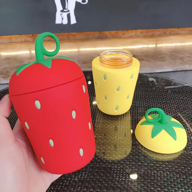 Strawberry Glass Water Bottles Portable  and Creative Hand Cups Female Student Simple Super Cute With Lid Cute