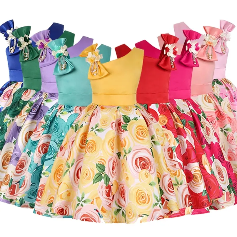 Flower Girls Wedding Party Dresses Children Clothes Kids Floral Print Bridesmaid Dress For Princess 2 6 8 10 Years 220422