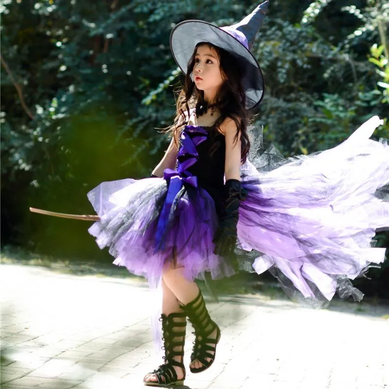 Tjejs klänningar lila barn tjejer halloween fe part med hatt svart häxa toddler baby födelsedag cosplay kostymer barn klänning