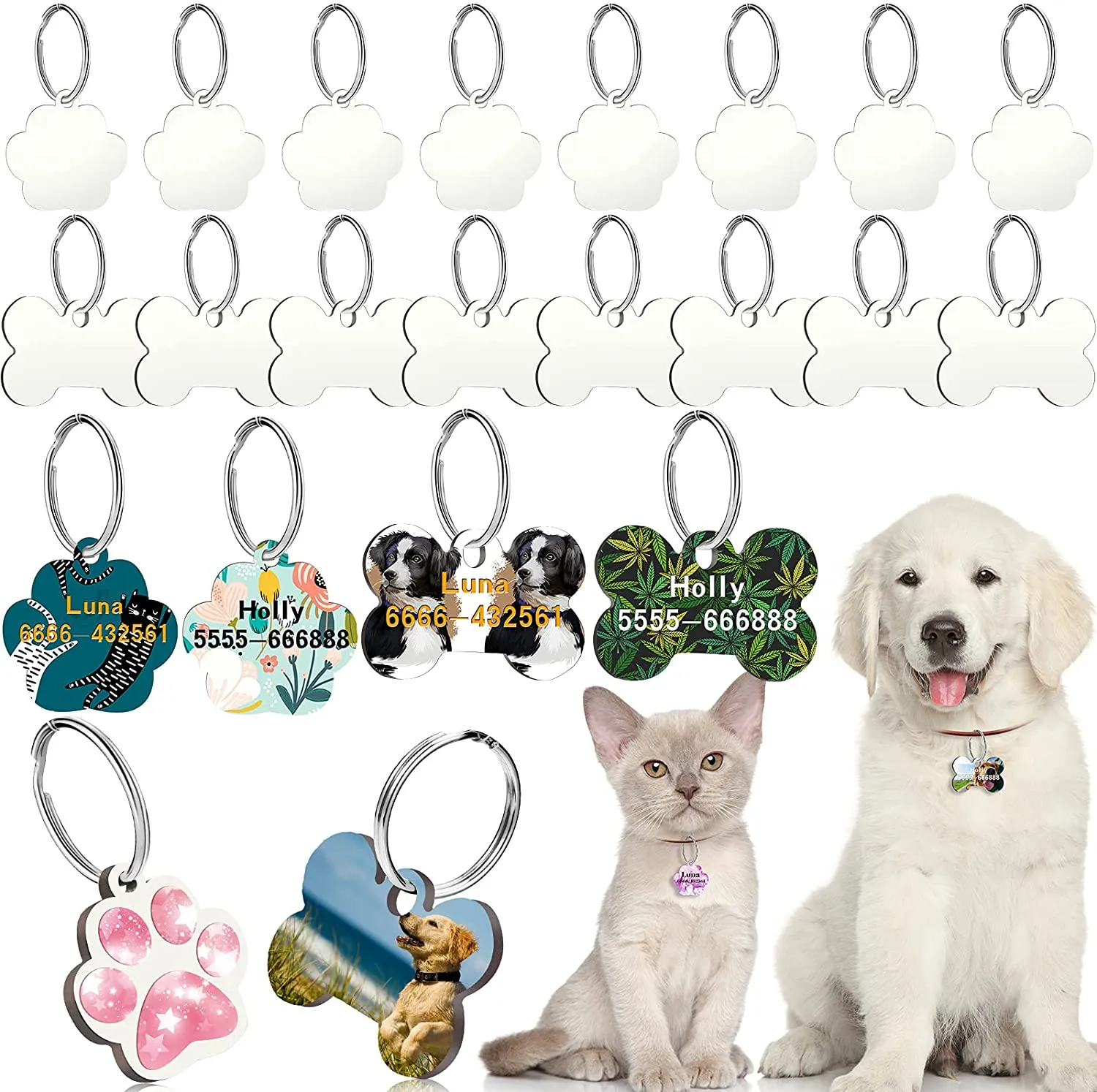 Sublimacja Blank Puste Tag Paw Kształt Sublimacja Puste Dog Tagi Dwuosobowa Strona Z Kluczowym Pierścieniem MDF Ciepła Transfer Pet Tag Wisząca Puste Craft Pet Tag dla zwierząt domowych (Paw and Bone Style)