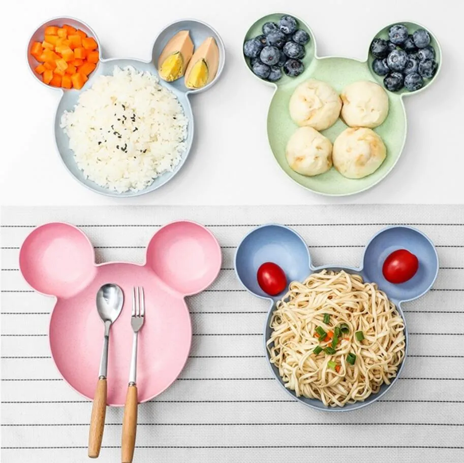 Cartoon muis kom schotels lunch doos jongen baby kinderen zuigeling baby rijst voeding kommen plastic snack plaat tafelgerei 4 kleuren