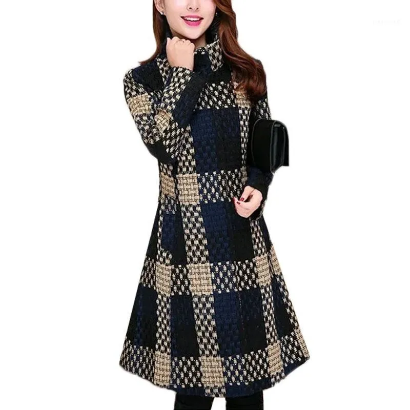 Misto lana da donna Giacca autunno-inverno Cappotto di lana scozzese Colletto alla coreana Slim Plus Size Capispalla femminile di base Top S42