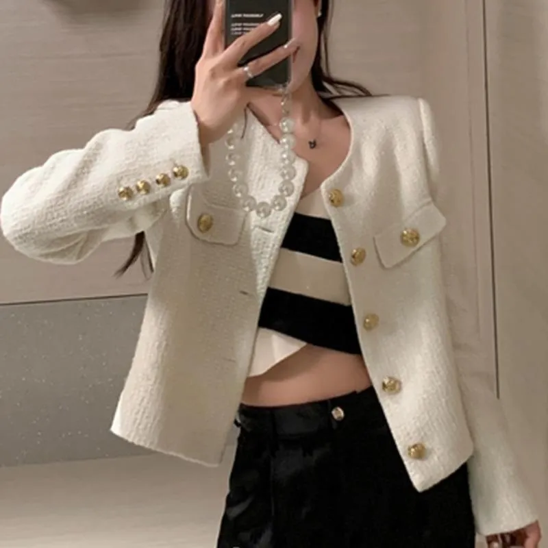 Women's Jackets Small Fragrance Tweed Jacket Coat Women Single Breasted Woolen Short Coats 2022 Autumn Winter Vintage Outerwear Crop Top