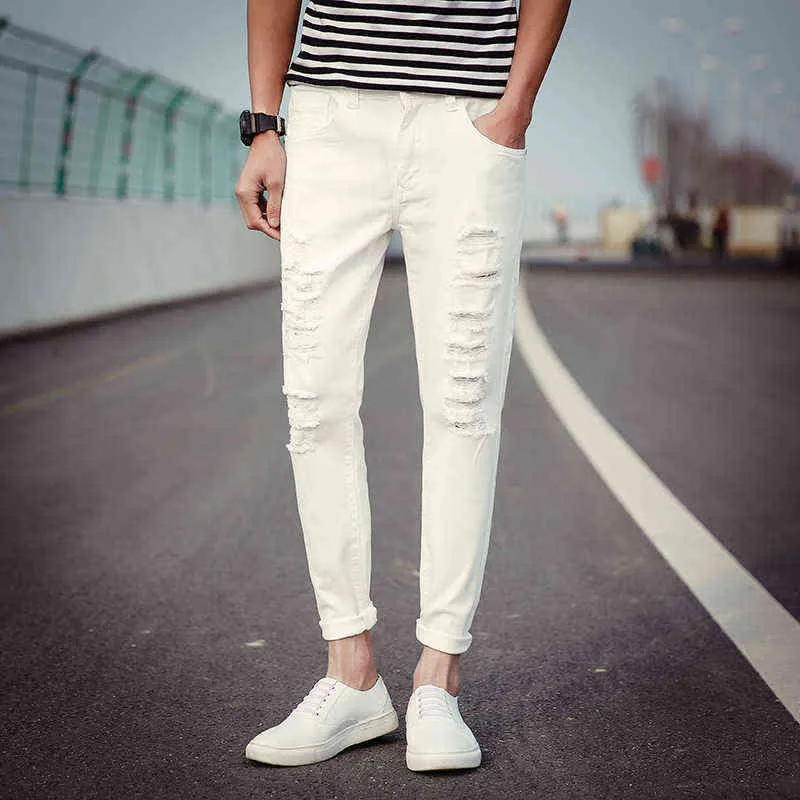 Top Quality 2022 Spring Autumn Casual Joker Male Multi Ripped Hole Hip Hop Skinny Jeans Men Beggar Pants White /black Trousers G220713