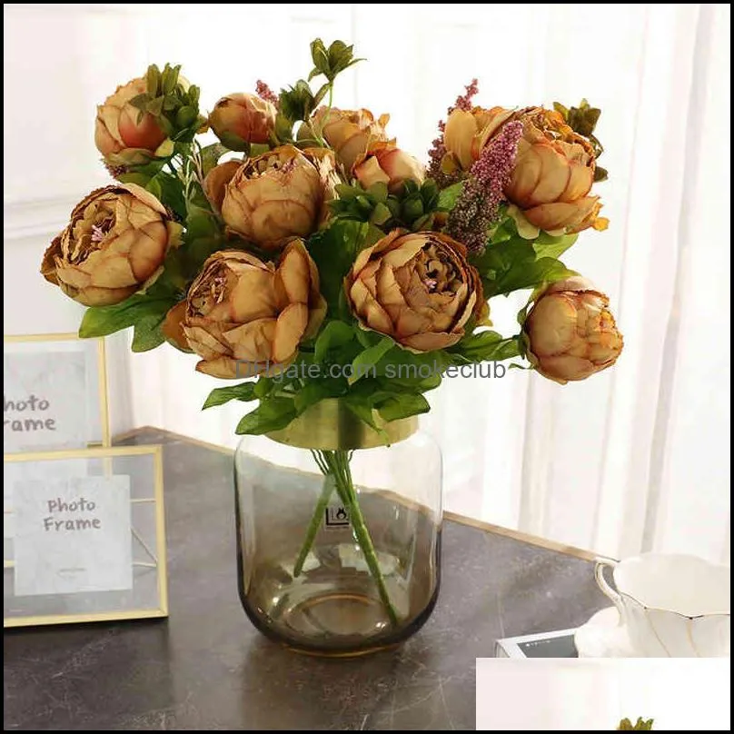 6 Heads European-style Core-spun Peony Artificial Flowers Wedding Living Room Table Decoration Flower Valentine`s Day Gift DIY