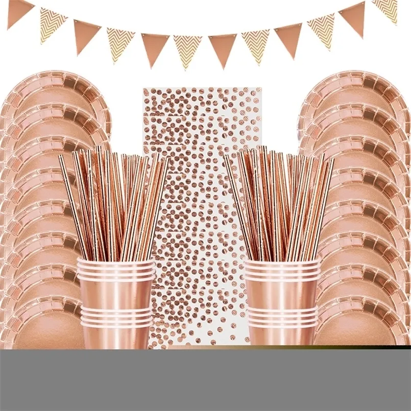 ROSE GOLD DISPOLE TABELSEWARE SET PAPPER PLATE CUP barn Vuxen födelsedag bröllop Bachelorette Party Decoration Baby Shower 220812