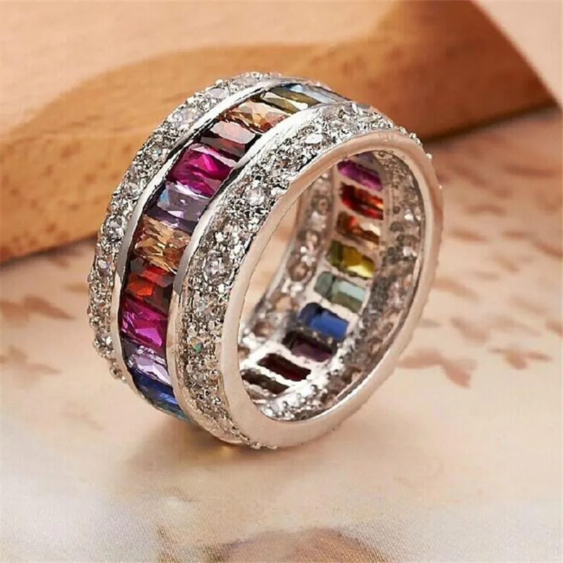 Cluster Rings Luxury Jewelry Fashion for Women Princess Cut 12 CT Multi Zircon Silver Color Engagement Anillos Wedding Crown Ring Party