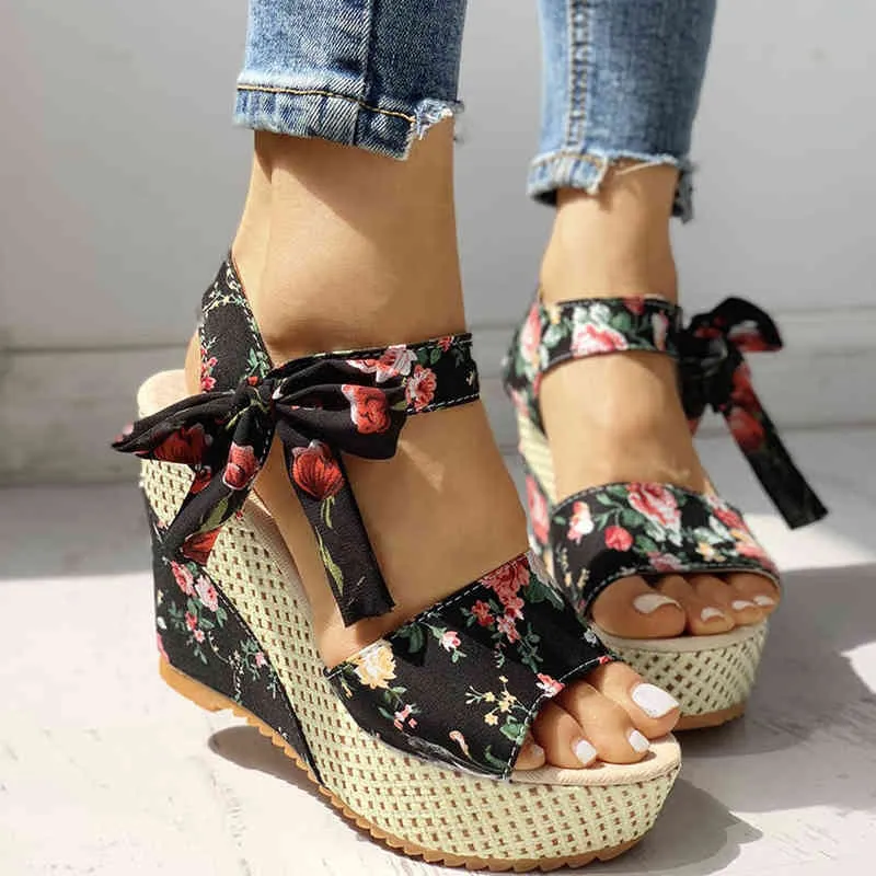 Heel Shoes Woman 2022 Fashion Platform Wedges Women Sandals Floral Flower Lace-up Footwear Female Open Toe Sandalias Mujer Shoe Y220421