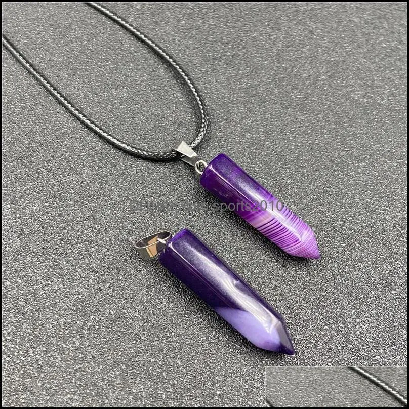 blue purple pink stripe agate stone hexagon bullet pendant reiki healing crystal cone point crystal charms pendulum necklace for women men
